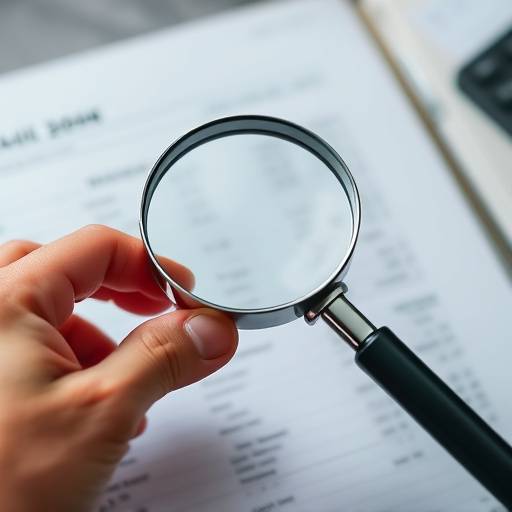 A hand holding a magnifying glass over a ledger book