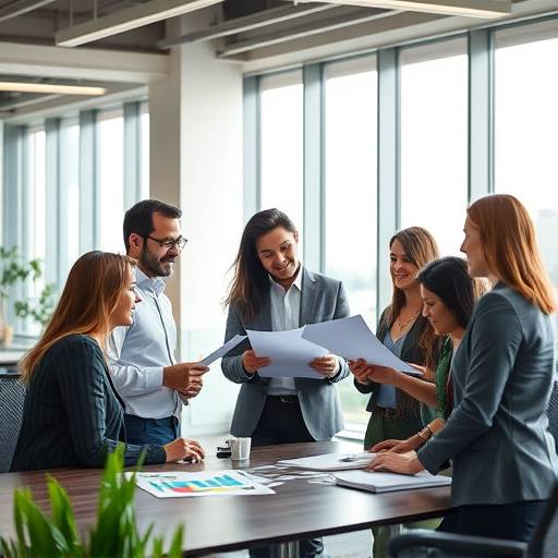 A professional team collaborating around a table in a modern office space, discussing financial reports.
