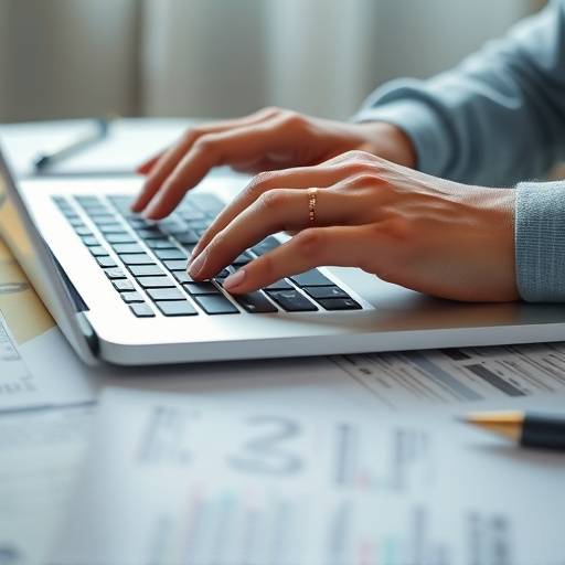 Close-up of a person typing on a laptop with tax forms visible