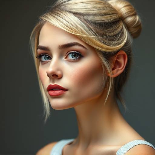 Portrait of a professional woman with blonde hair tied in a bun, looking focused.