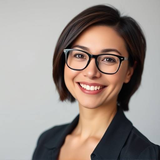 Portrait of a professional woman with short dark hair and glasses, smiling.