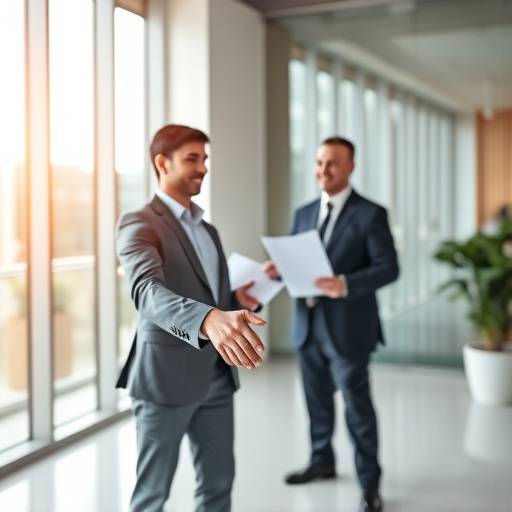 Two business people shaking hands over a table with financial documents